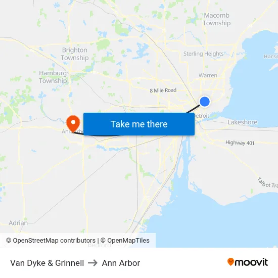 Van Dyke & Grinnell to Ann Arbor map