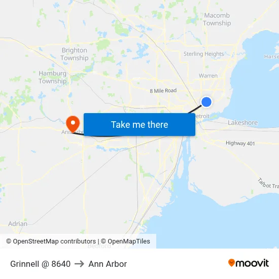 Grinnell @ 8640 to Ann Arbor map