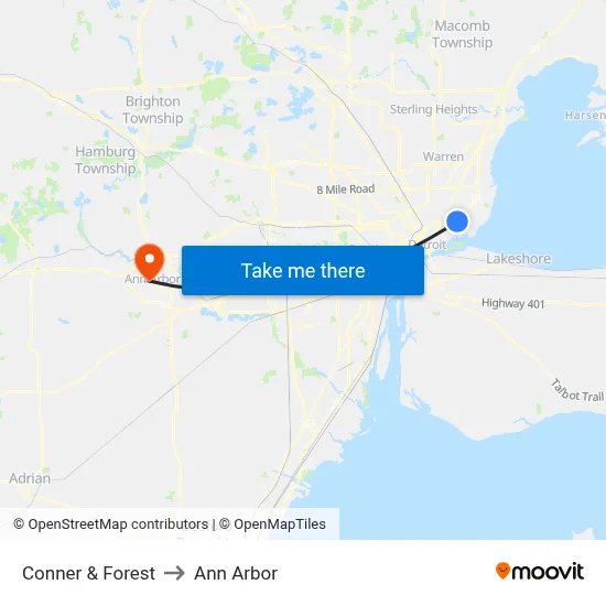 Conner & Forest to Ann Arbor map