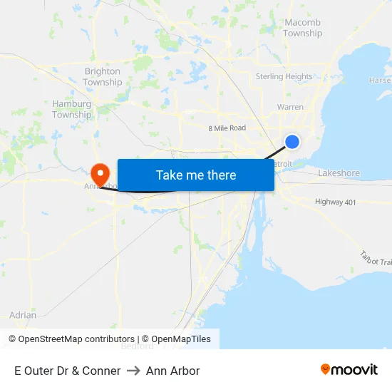 E Outer Dr & Conner to Ann Arbor map