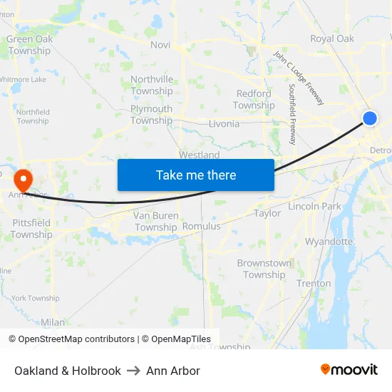 Oakland & Holbrook to Ann Arbor map