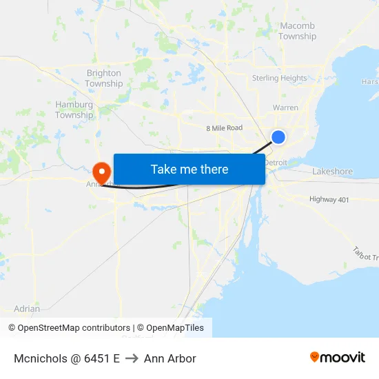 Mcnichols @ 6451 E to Ann Arbor map