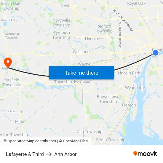 Lafayette & Third to Ann Arbor map