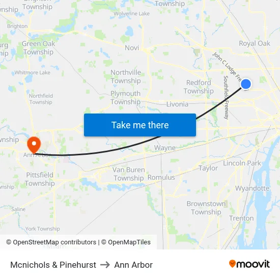 Mcnichols & Pinehurst to Ann Arbor map