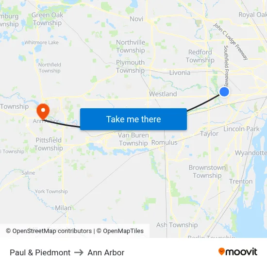Paul & Piedmont to Ann Arbor map