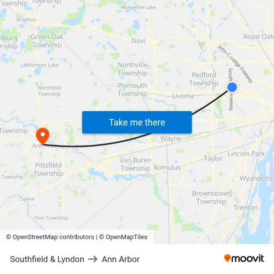 Southfield & Lyndon to Ann Arbor map