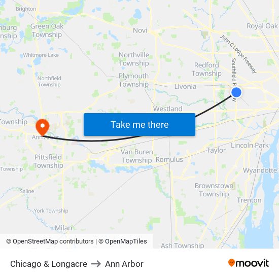 Chicago & Longacre to Ann Arbor map