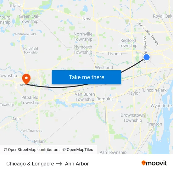 Chicago & Longacre to Ann Arbor map