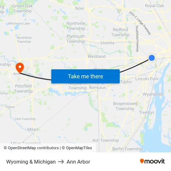 Wyoming & Michigan to Ann Arbor map