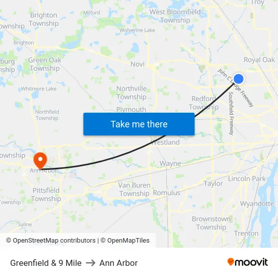 Greenfield & 9 Mile to Ann Arbor map