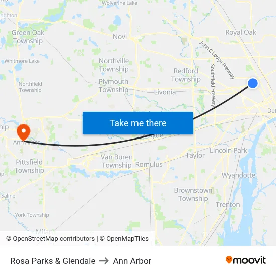 Rosa Parks & Glendale to Ann Arbor map