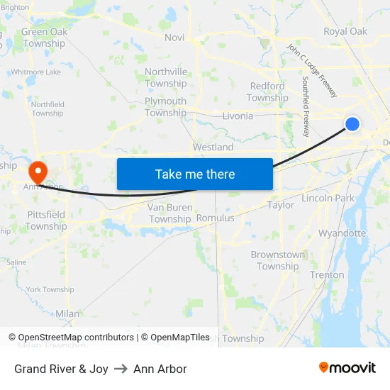 Grand River & Joy to Ann Arbor map