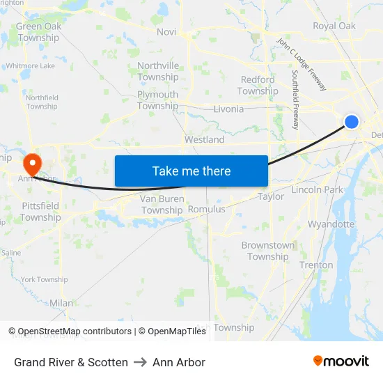 Grand River & Scotten to Ann Arbor map