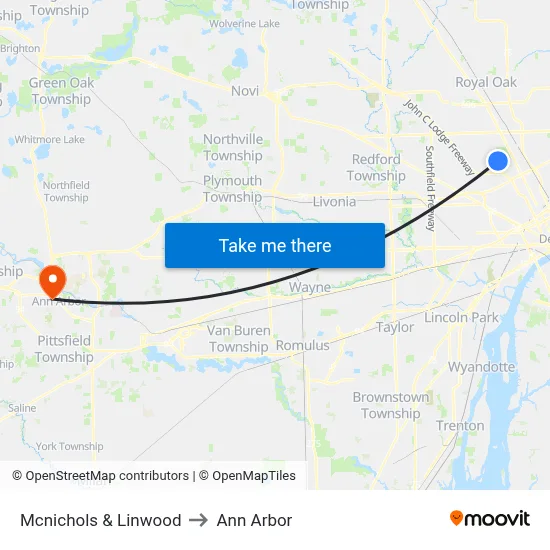 Mcnichols & Linwood to Ann Arbor map