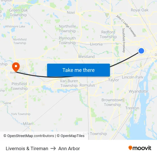 Livernois & Tireman to Ann Arbor map