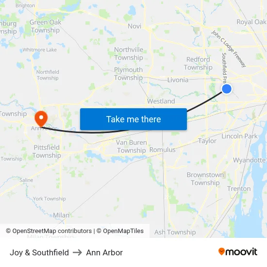 Joy & Southfield to Ann Arbor map