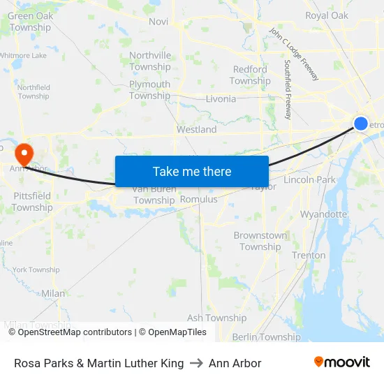 Rosa Parks & Martin Luther King to Ann Arbor map
