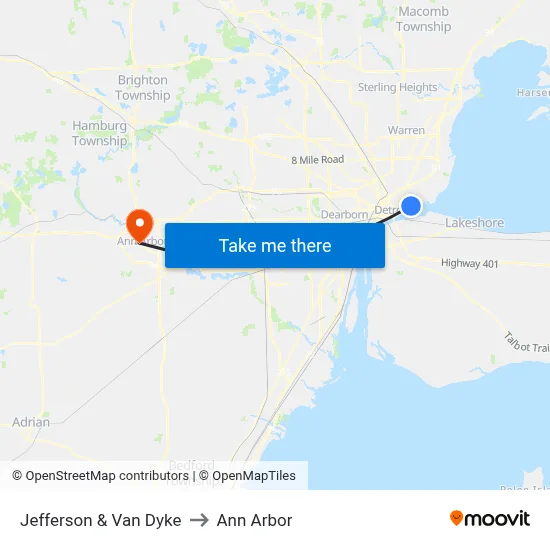 Jefferson & Van Dyke to Ann Arbor map