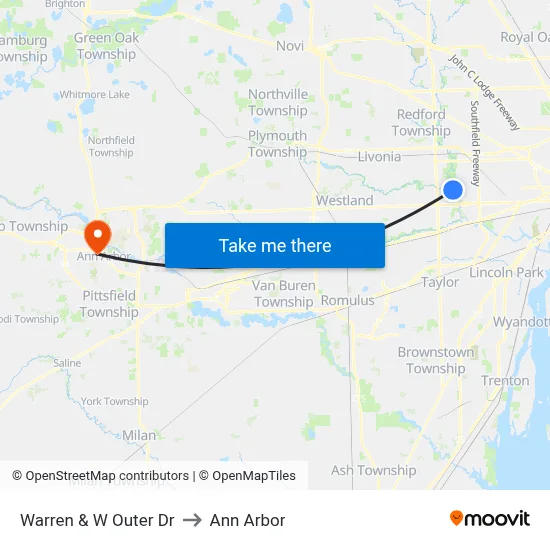 Warren & W Outer Dr to Ann Arbor map