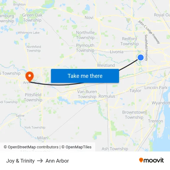 Joy & Trinity to Ann Arbor map
