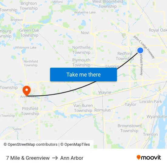 7 Mile & Greenview to Ann Arbor map