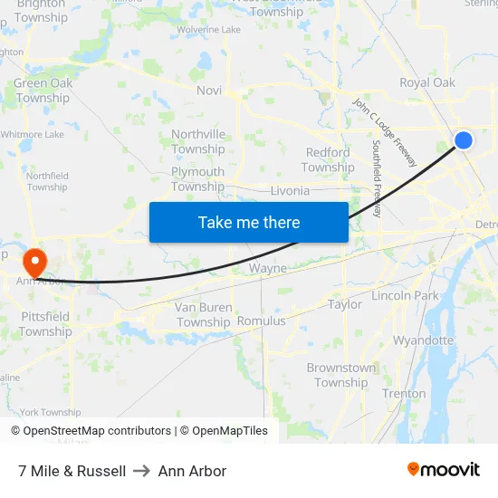 7 Mile & Russell to Ann Arbor map
