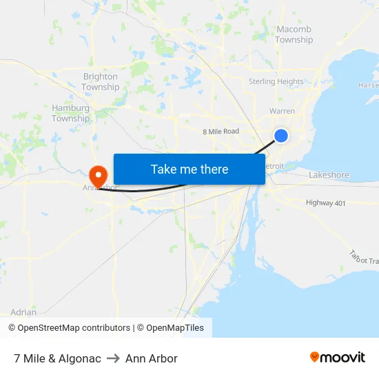 7 Mile & Algonac to Ann Arbor map
