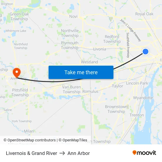 Livernois & Grand River to Ann Arbor map