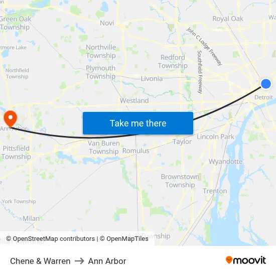 Chene & Warren to Ann Arbor map