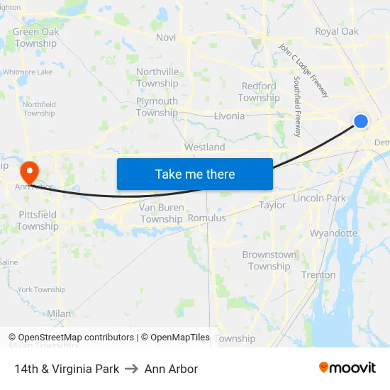 14th & Virginia Park to Ann Arbor map