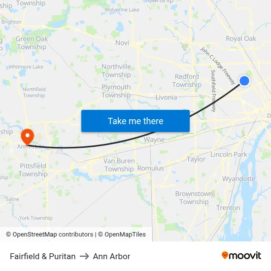 Fairfield & Puritan to Ann Arbor map