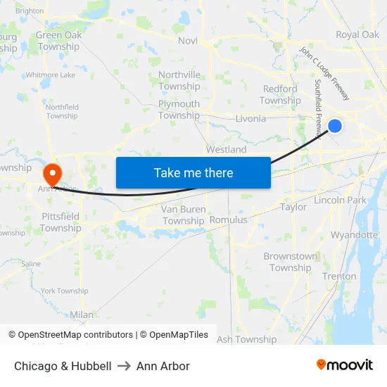 Chicago & Hubbell to Ann Arbor map