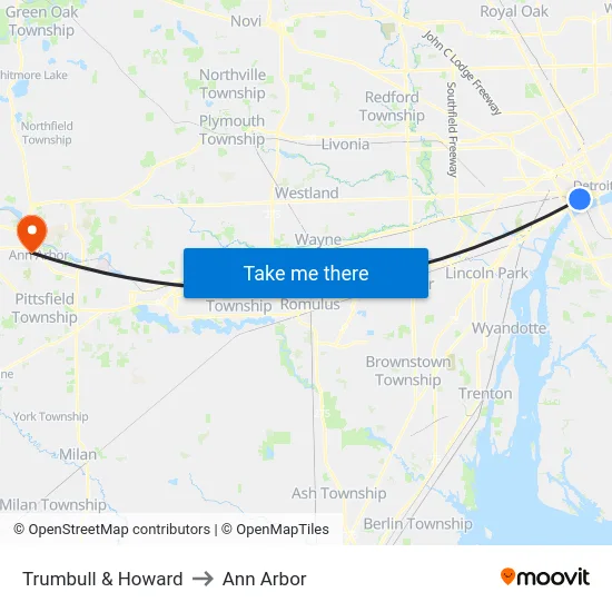 Trumbull & Howard to Ann Arbor map