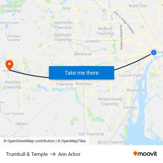 Trumbull & Temple to Ann Arbor map