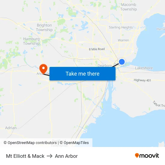 Mt Elliott & Mack to Ann Arbor map