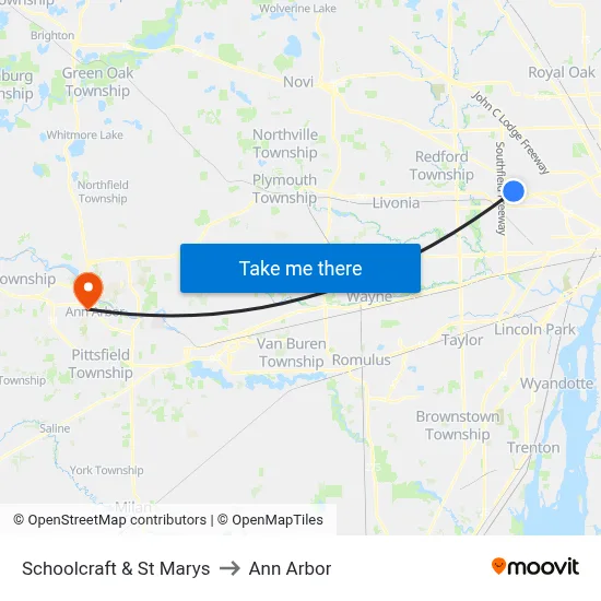 Schoolcraft & St Marys to Ann Arbor map