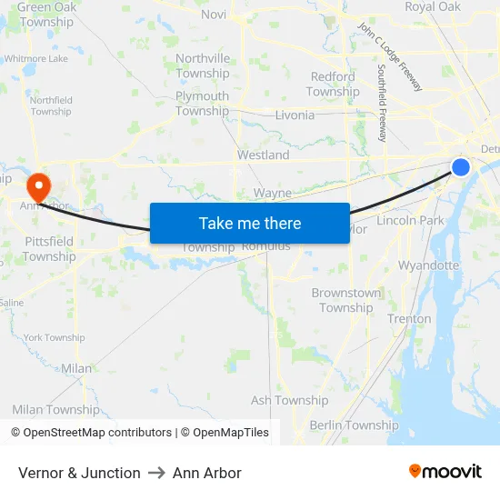 Vernor & Junction to Ann Arbor map