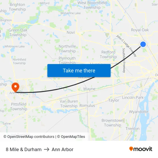 8 Mile & Durham to Ann Arbor map
