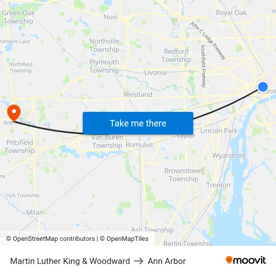 Martin Luther King & Woodward to Ann Arbor map