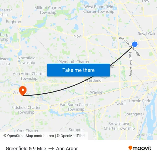 Greenfield & 9 Mile to Ann Arbor map