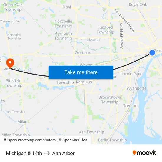 Michigan & 14th to Ann Arbor map