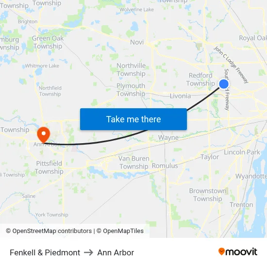 Fenkell & Piedmont to Ann Arbor map