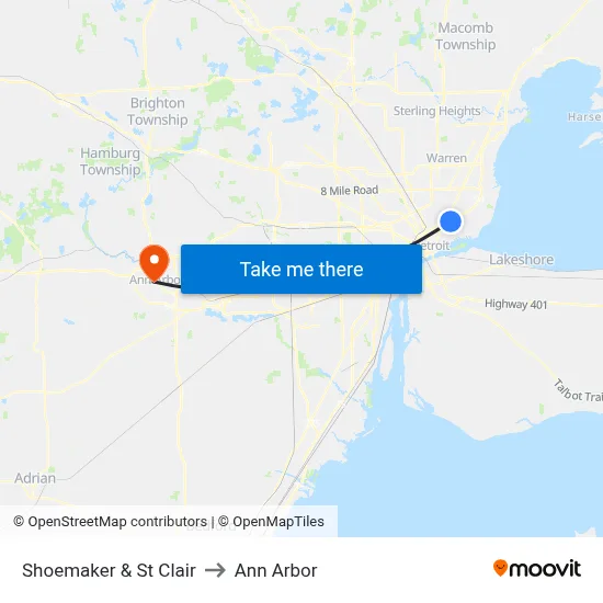 Shoemaker & St Clair to Ann Arbor map