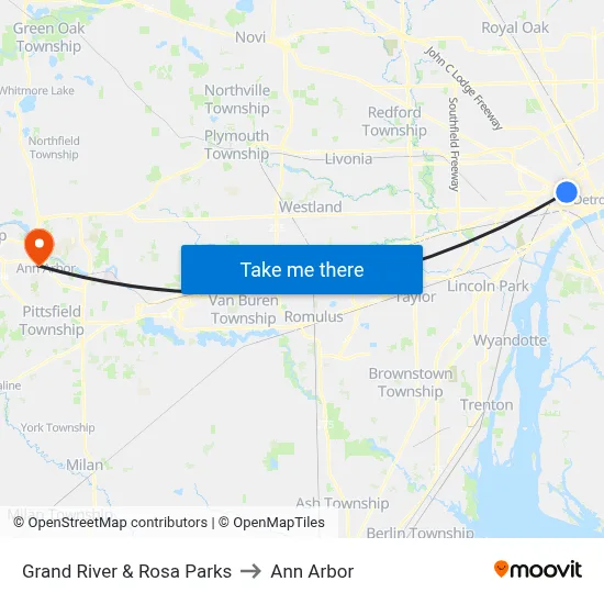 Grand River & Rosa Parks to Ann Arbor map