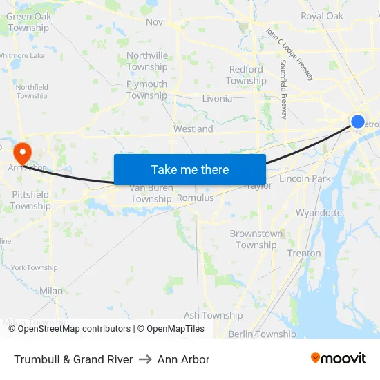 Trumbull & Grand River to Ann Arbor map