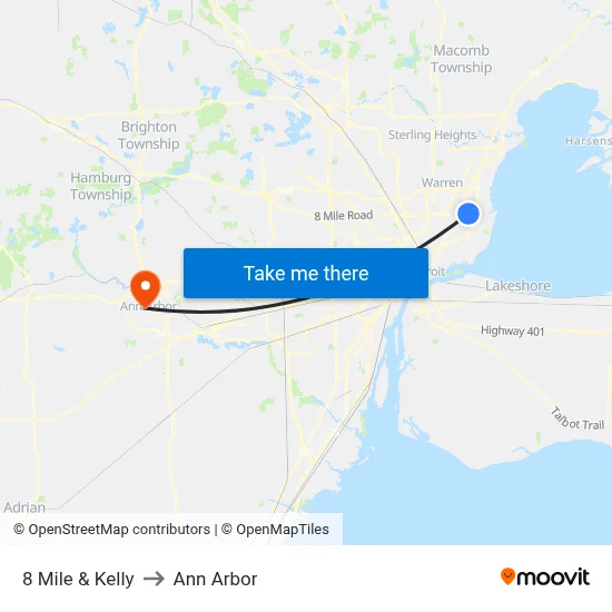 8 Mile & Kelly to Ann Arbor map