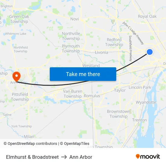 Elmhurst & Broadstreet to Ann Arbor map