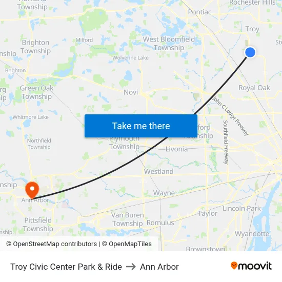 Troy Civic Center Park & Ride to Ann Arbor map