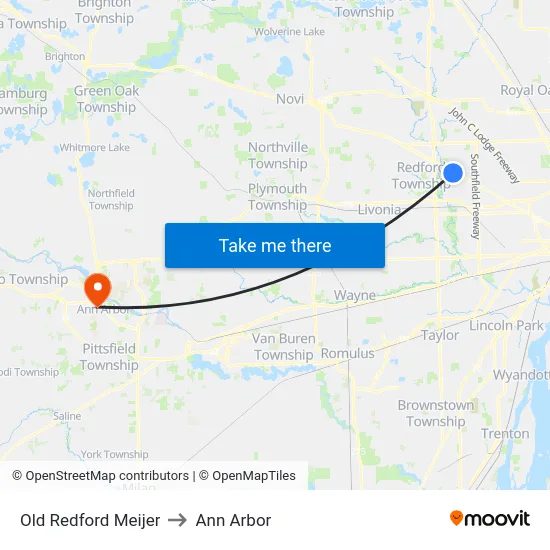 Old Redford Meijer to Ann Arbor map