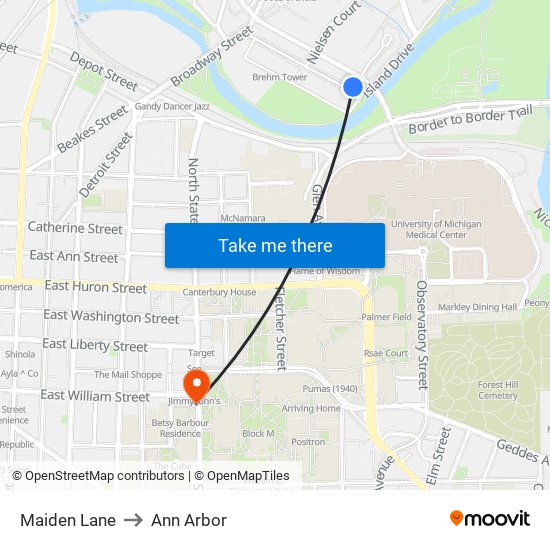 Maiden Lane to Ann Arbor map